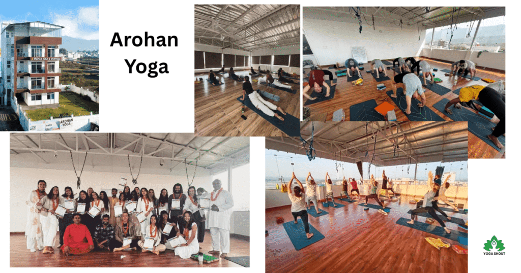 Student practicing alignment at Arohan Yoga school in Rishikesh with Ayurveda integration