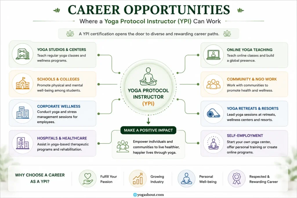 Career opportunities after the Yoga Protocol Instructor (YPI) course, including yoga studios, schools, hospitals, corporate wellness, online teaching, retreats, NGOs and self-employment