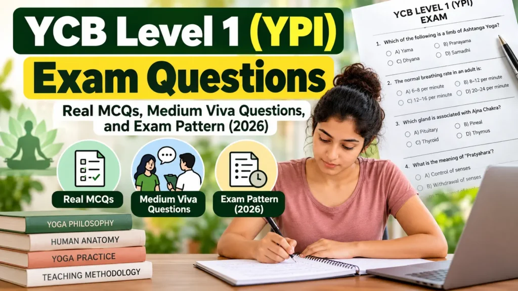 YCB Level 1 (YPI) exam questions featuring real MCQs, medium viva questions, and exam pattern for 2026, with a yoga student preparing for the certification exam.