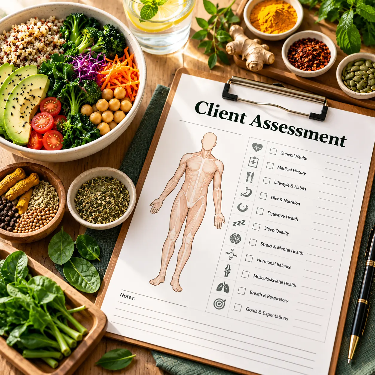 Client assessment form alongside healthy food and therapeutic nutrition ingredients