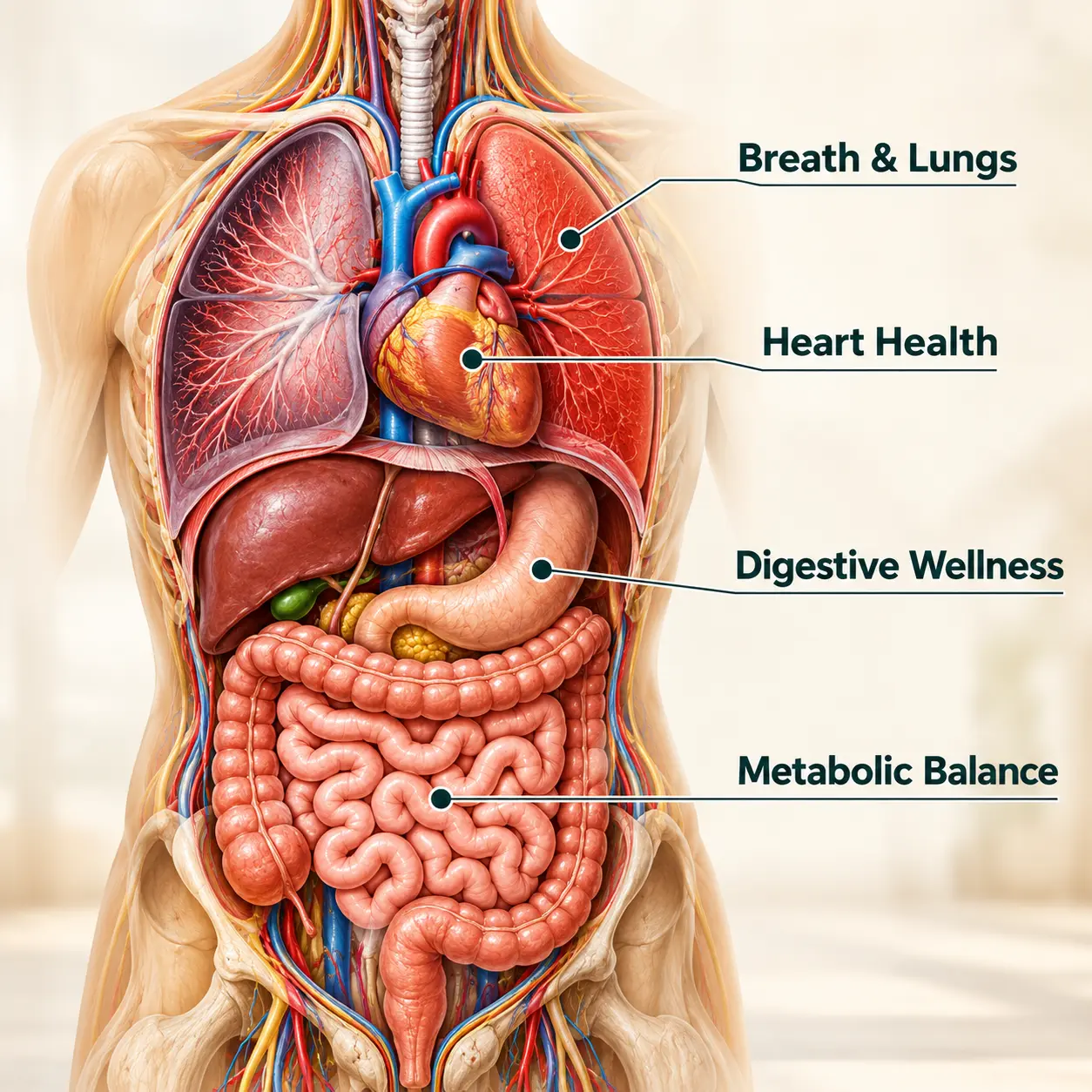 Anatomical illustration of lungs, heart and digestive systems