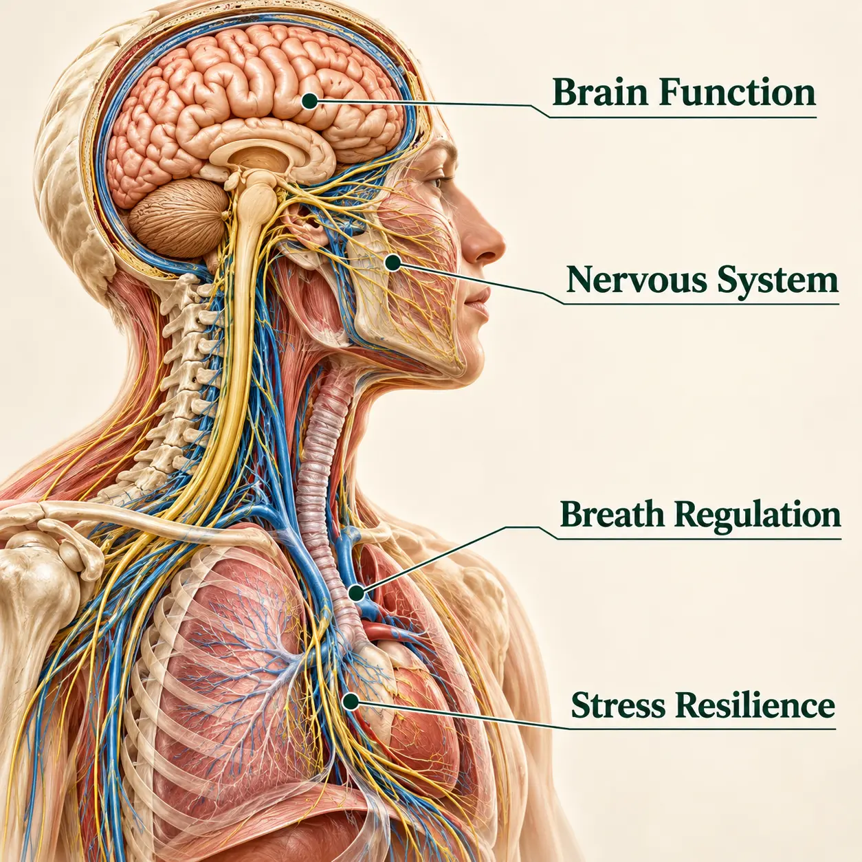 Anatomical illustration of brain, nervous system and breathing regulation