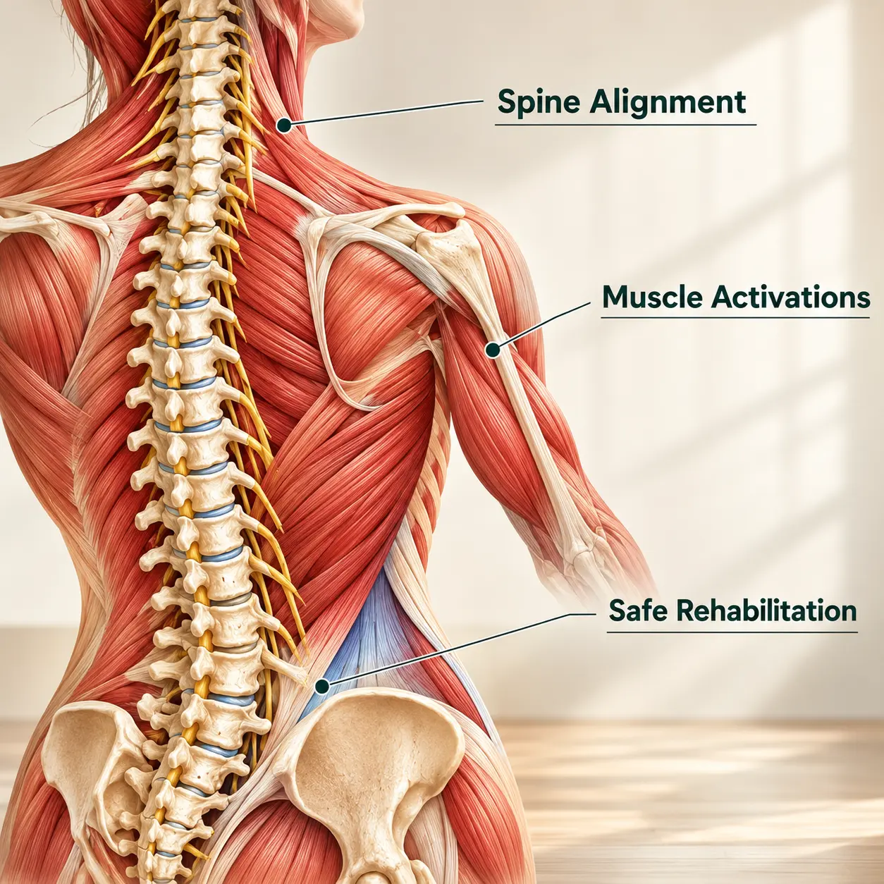 Anatomical illustration of spine alignment, muscle activation and rehabilitation